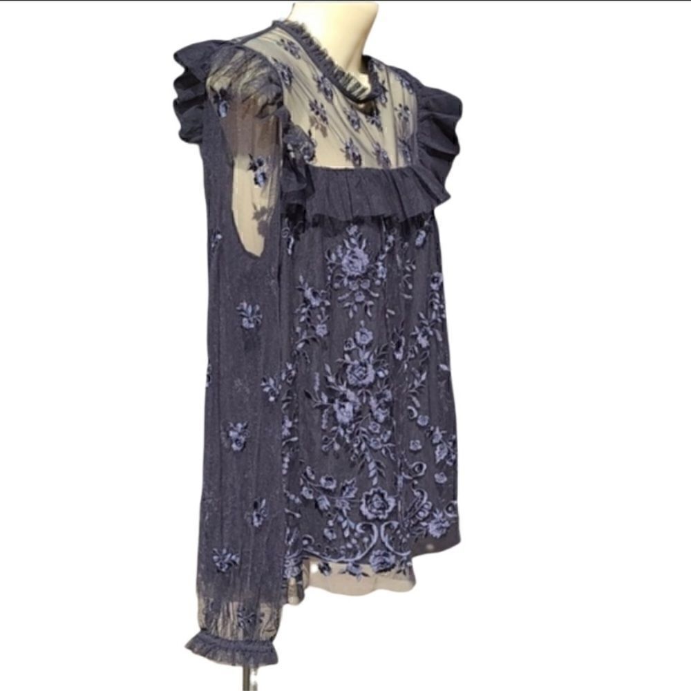 Illusion Washed Black Floral Embroidered Tulle Ruffle Longsleeve Blouse Top 6 S - Picture 4 of 10